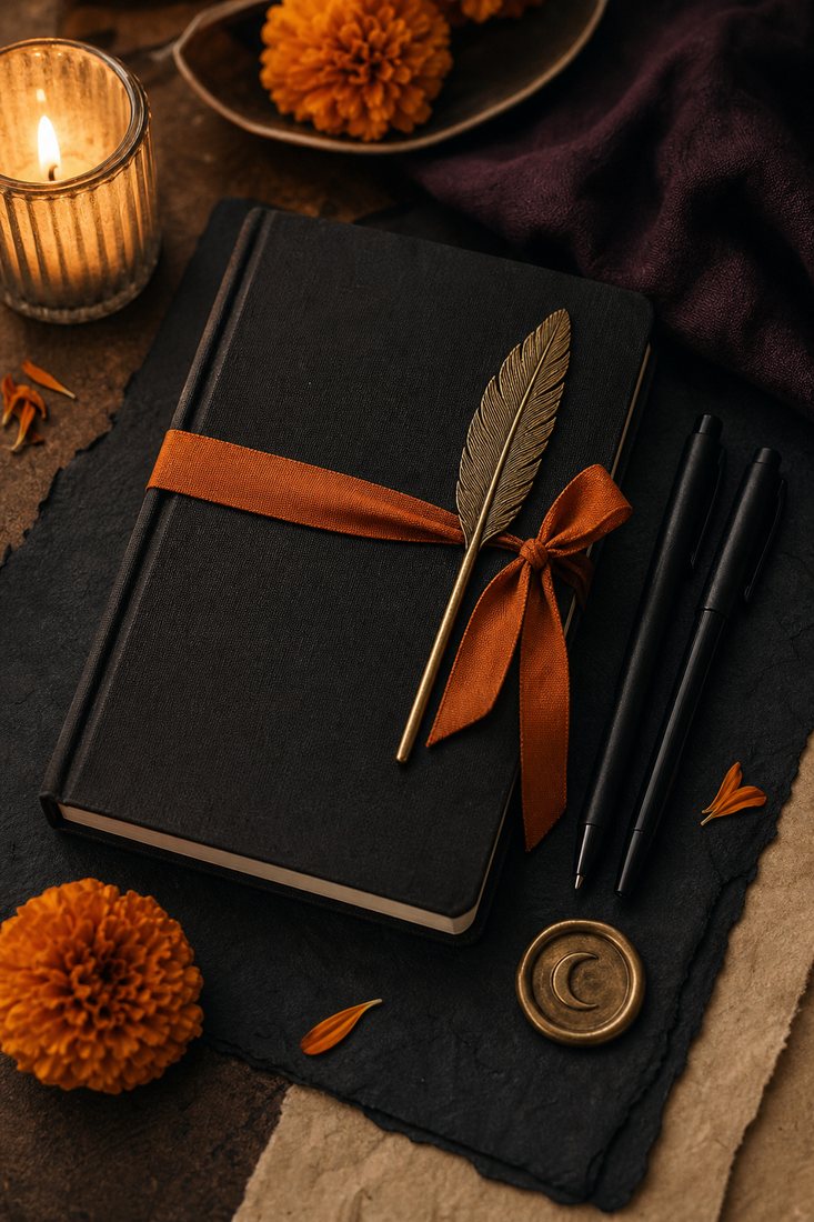 A cloth-bound notebook, brass crow bookmark, two pens and a moon wax seal arranged on dark paper