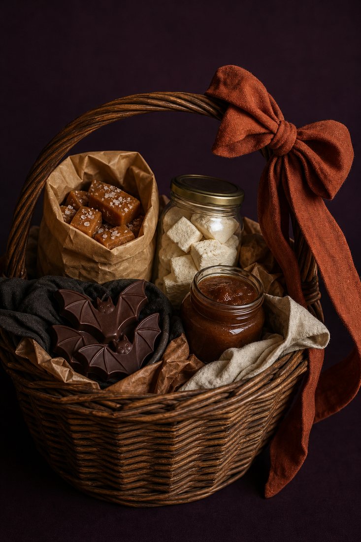 A willow basket gift set packed with caramels, chocolate bats, marshmallows and apple butter on a dark table